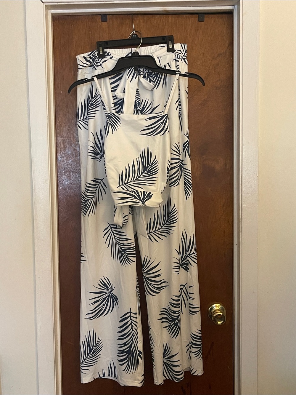 Sexycherry Two Piece Outfit Bandage Top Long Pants Navy & White Palm Print